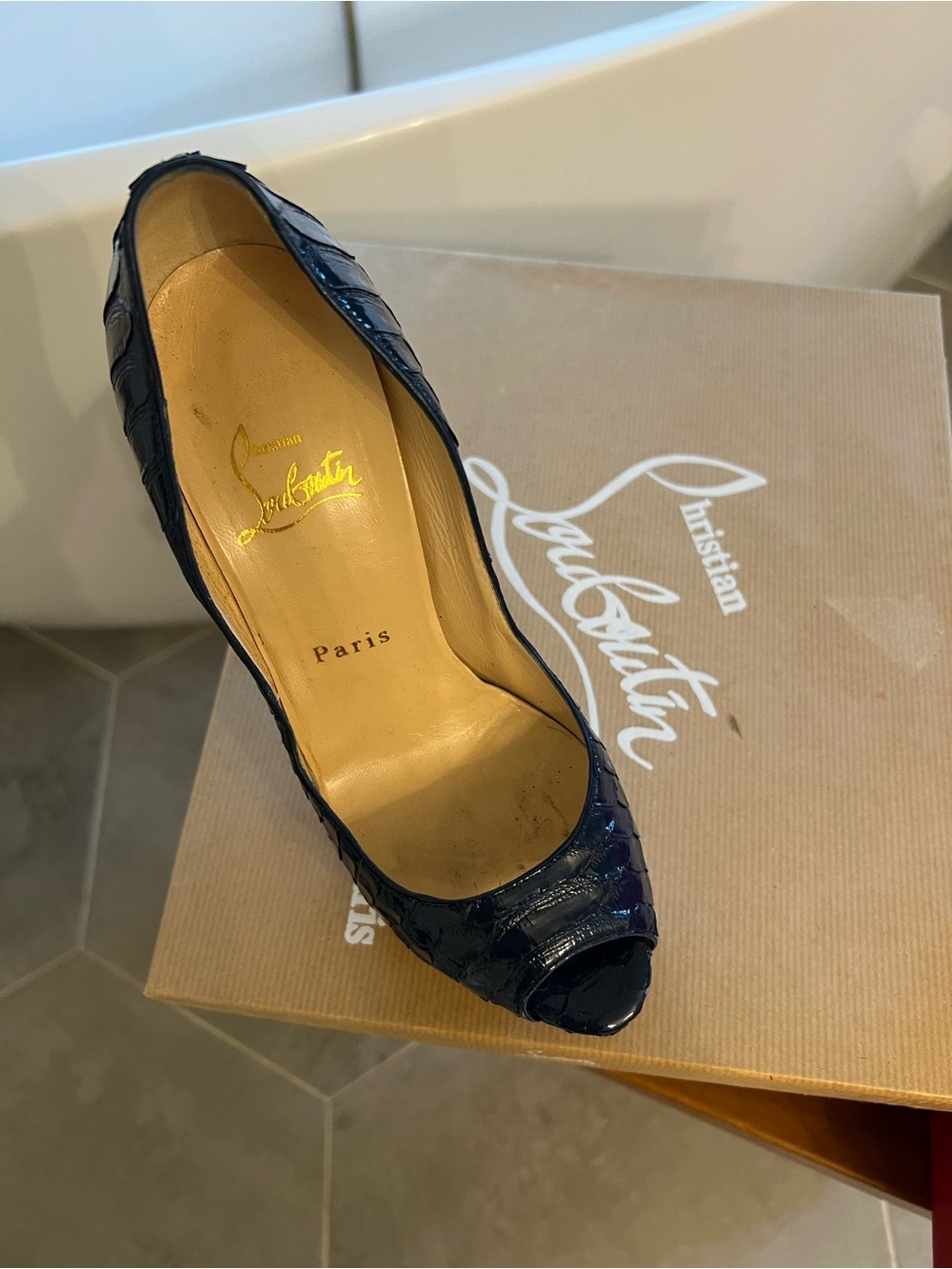 Christian Louboutin Navy Patent Peep-Toe Croc-Embossed Pump